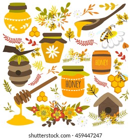 Honey hand drawn elements with bees on flowers combs spoons hives glass jars barrel isolated vector illustration