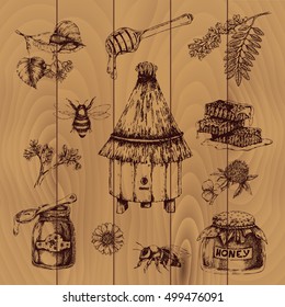 Honey hand drawn elements with bees and plants hive and combs on wooden planks background vector illustration
