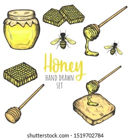 Honey hand drawn isolated vector illustrations set, colored simple design elements.