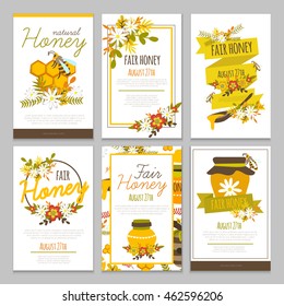 Honey hand drawn posters collection with bees floral compositions combs ribbons on grey background isolated vector illustration