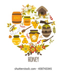 Honey hand drawn round design with title bee products colorful leaves flower compositions hives isolated vector illustration 
