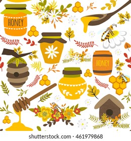 Honey hand drawn seamless pattern with bee products pots barrel flowers leaves on white background vector illustration