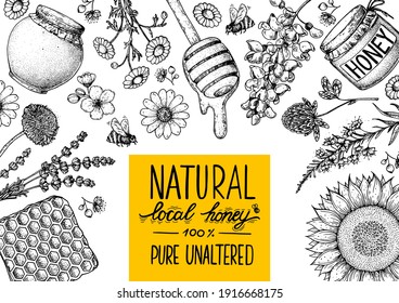 Honey hand drawn vector illustration. Healthy food illustration. Lettering Natural local honey 100% PURE UNALTERED. Honeycomb, flowers, jar of honey sketch.