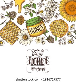 Honey hand drawn vector illustration. Healthy food illustration. Lettering Premium Quality Honey 100% Organic. Honeycomb, bee, flowers, jar of honey