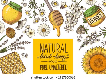 Honey hand drawn vector illustration. Healthy food illustration. Lettering Natural local honey 100% PURE UNALTERED. Honeycomb, flowers, jar of honey 