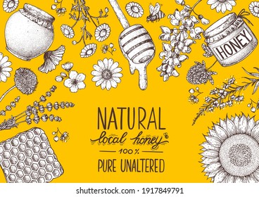 Honey hand drawn vector illustration. Honey frame. Healthy food illustration. Lettering Natural local honey 100% PURE UNALTERED. Honeycomb, flowers, jar of honey sketch.