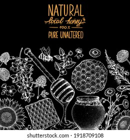 Honey hand drawn vector illustration. Healthy food illustration. Black and white border. Lettering Natural local honey 100% PURE UNALTERED. Honeycomb, flowers, jar of honey sketch.