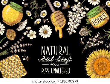 Honey hand drawn vector illustration. Healthy food illustration. Lettering Natural local honey 100% PURE UNALTERED. Honeycomb, flowers, jar of honey
