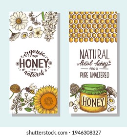 Honey hand drawn vector illustration.  Banner set. Healthy food illustration. Lettering Organic Honey 100% natural. Honeycomb, bee, flowers, jar of honey. Design for packaging. 