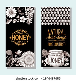 Ilustración vectorial dibujada a mano de miel. Juego de pancartas. Ilustración alimenticia saludable. Leer miel orgánica 100% natural. Cebolla, abeja, flores, tarro de miel. Diseño para embalaje.