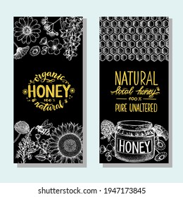 Honey hand drawn vector illustration. Banner set. Healthy food illustration. Lettering Organic Honey 100% natural. Honeycomb, bee, flowers, jar of honey. Design for packaging.