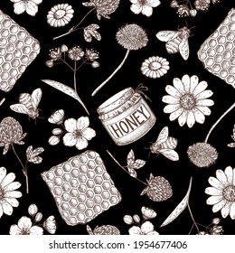 Honey hand drawn vector illustration. Seamless pattern. Sketch style. Healthy food illustration. Design for packaging. Hand drawn background.