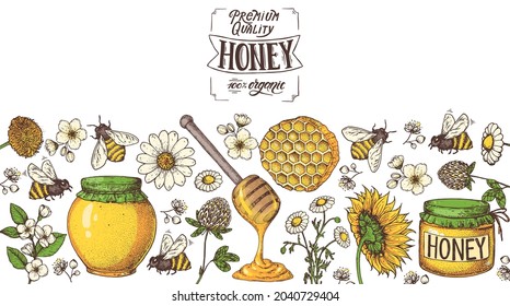 Ilustración vectorial dibujada a mano de miel. Ilustración alimenticia saludable. Leer miel de calidad premium 100% orgánica. Combo de miel, abeja, flores, tarro de miel