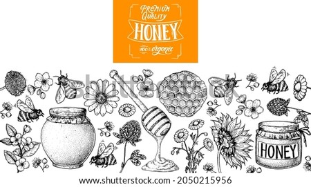 Honey hand drawn vector illustration. Healthy food illustration. Lettering text Premium Quality Honey 100% Organic. Honeycomb, bee, flowers, jar of honey sketch.