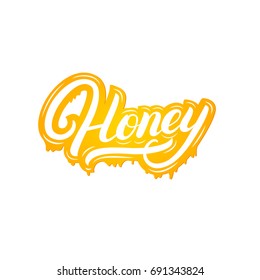 Honey hand written lettering logo, label, badge, emblem with streaks and sprays. Isolated on white background. Vector illustration.