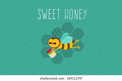 Honey happy bee. Vector cartoon. Comic characters.