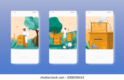 Honey harvest. Apiary farm. Beekeeper. Mobile app screens, vector website banner template. UI, web site design.