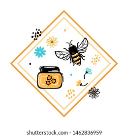 Honey Harvest Label.  Hand Drawn Doodle Honey Jar, Bee and Flowers Vector Set