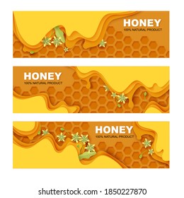 Honey, healthy organic product banner template set. Vector illustration in paper art style. Honeycombs with flowing sweet natural honey.