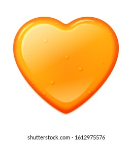 Honey heart shape isolated on a white background. Vector illustration realistic caramel orange honey heart with bubbles. 