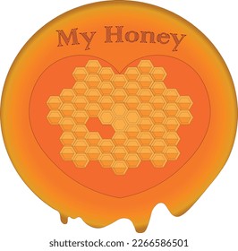 Honey heart vector illustration, heart shaped honeycombs, sweet love honey. honeycombs with delicious sweet honey 