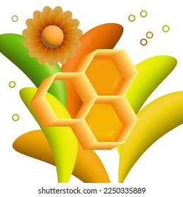 Células hexagonales de miel de peines amarillos 3d. Patrón de cera y miel. Concepto de apicultura, afiche, pancarta. Forma geométrica abstracta, mosaico. Fragmento, trozo de pegajoso panecillo, hierba. Vector.