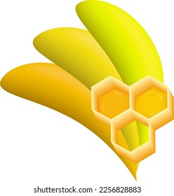 Honey hexagonal cells of yellow honeycombs 3d. Pattern made of wax and honey. Beekeeping concept, poster, banner. Abstract geometric shape, mosaic. Fragment, piece of sticky honeycomb, grass. Vector.