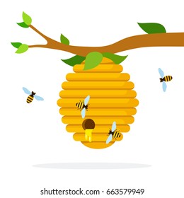 Honey hive with bees hanging on a branch vector flat material design isolated on white