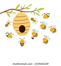 Colmena de miel con abejas lindas colgando de una rama. Ilustración vectorial aislada en fondo blanco.