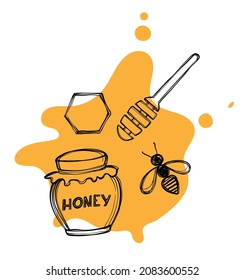 Honey, honeycomb, bee and honey dipper, hand drawn vector illustration, logo, doodle style