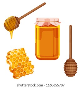 Honey, honeycomb, drop, wooden dipper with honey vector illustration. Set of detaied realistic vector elements. Collection of bright cartoon style honey elements.