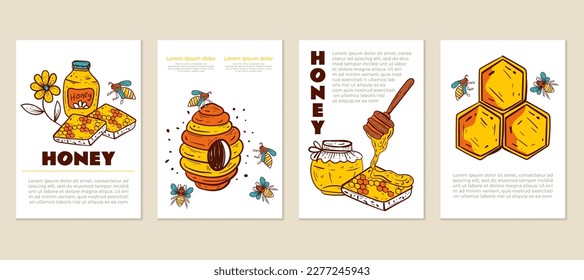 Honey honeycomb honeybee food background pattern flyer concept set. Vector graphic design element illustration