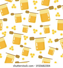 Honey and honeycomb seamless pattern. Flat vector stock illustration. Yellow honey in a jar isolated. Texture for printing on fabric, textiles. Cute illustration with banska honey texture
