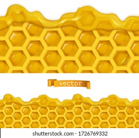 Honey and honeycombs. 3d realistic vector seamless pattern. Food illustration