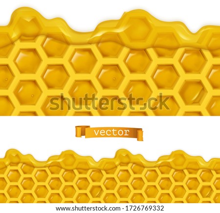 Honey and honeycombs. 3d realistic vector seamless pattern. Food illustration