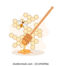 Honey with honeycombs, bee and dipper in cartoon style. Flat vector illustration, isolated objects.