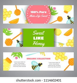 Honey horizontal banners with flat honey elements. Poster with bee, beehive, jar, honeycomb. Web header with Vector