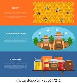 Honey horizontal banners set with bee city and honey cellar symbols flat isolated vector illustration 