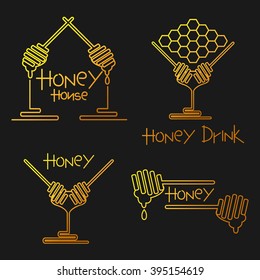 Honey house emblem, yellow lined icons for honey products. Honey spoons together with cup and plate. Abstract hive symbol. Vector illustration