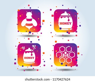 Honey icon. Honeycomb cells with bees symbol. Sweet natural food signs. Colour gradient square buttons. Flat design concept. Vector
