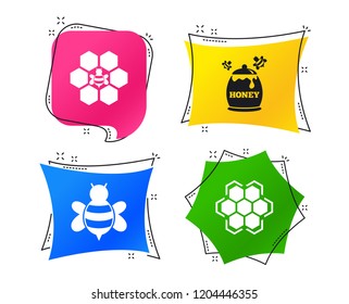 Honey icon. Honeycomb cells with bees symbol. Sweet natural food signs. Geometric colorful tags. Banners with flat icons. Trendy design. Vector