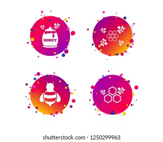 Honey icon. Honeycomb cells with bees symbol. Sweet natural food signs. Gradient circle buttons with icons. Random dots design. Vector