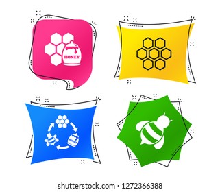 Honey icon. Honeycomb cells with bees symbol. Sweet natural food signs. Geometric colorful tags. Banners with flat icons. Trendy design. Vector