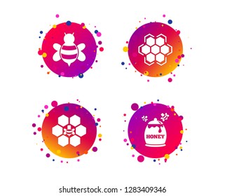 Honey icon. Honeycomb cells with bees symbol. Sweet natural food signs. Gradient circle buttons with icons. Random dots design. Vector