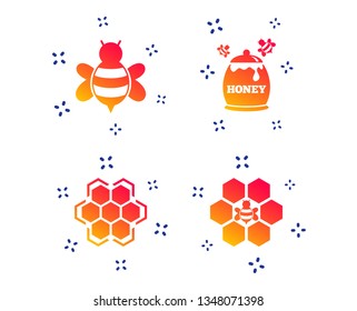 Honey icon. Honeycomb cells with bees symbol. Sweet natural food signs. Random dynamic shapes. Gradient honey icon. Vector