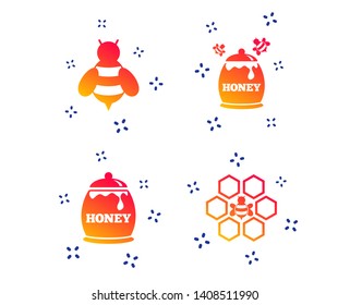 Honey icon. Honeycomb cells with bees symbol. Sweet natural food signs. Random dynamic shapes. Gradient honey icon. Vector