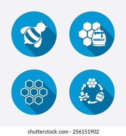 Honey icon. Honeycomb cells with bees symbol. Sweet natural food signs. Circle concept web buttons. Vector