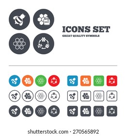 Honey icon. Honeycomb cells with bees symbol. Sweet natural food signs. Web buttons set. Circles and squares templates. Vector
