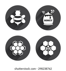 Honey icon. Honeycomb cells with bees symbol. Sweet natural food signs. Circles buttons with long flat shadow. Vector