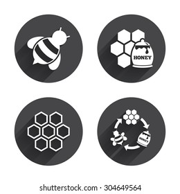 Honey icon. Honeycomb cells with bees symbol. Sweet natural food signs. Circles buttons with long flat shadow. Vector